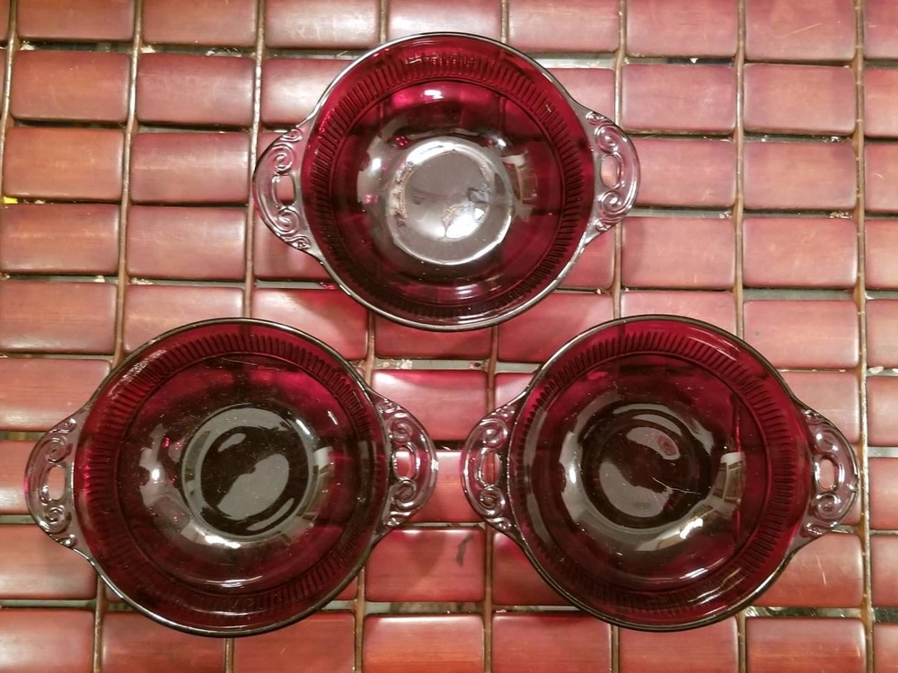 1970s Set of Three Vintage Ruby Red Cut Glass Desert Fruit or Candy Dishes